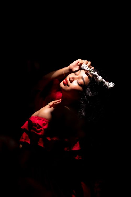 Free A striking portrait of a woman in red with a tiara, captured in dramatic lighting. Stock Photo