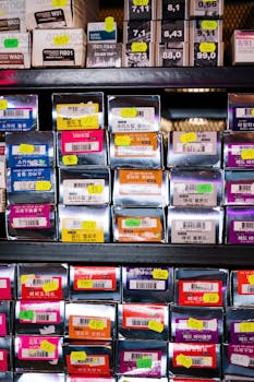 Vibrant hair dye boxes neatly displayed on a salon's shelves, showcasing a variety of colors.