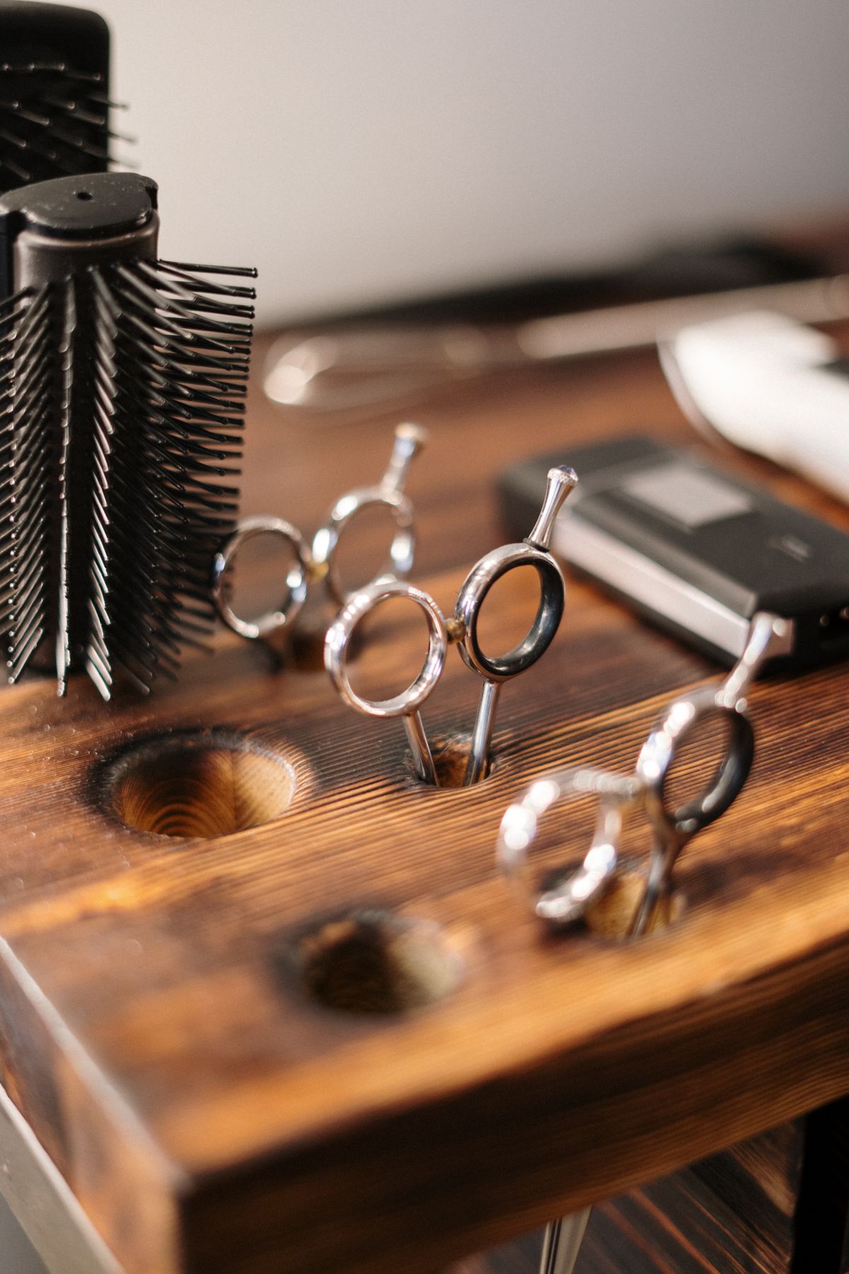 Hair care tools and products arranged in a salon
