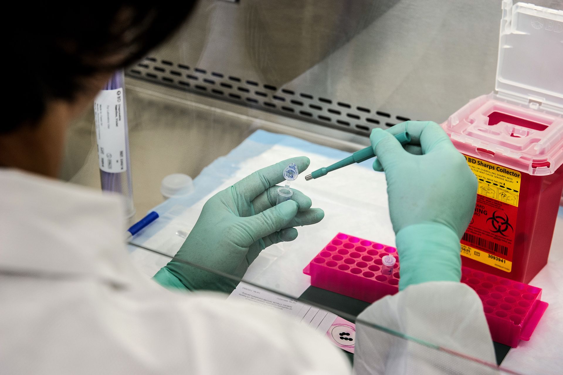 Un científico de laboratorio de salud pública analizando muestras