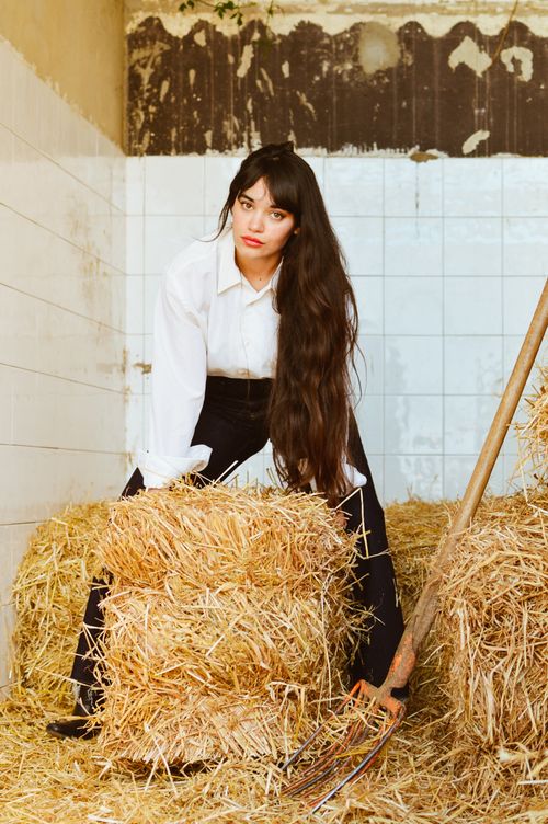 Free A young woman poses confidently in a rustic hay barn holding a pitchfork. Stock Photo