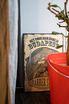 A vintage barber shop sign with retro bucket and plant, creating a nostalgic vibe.
