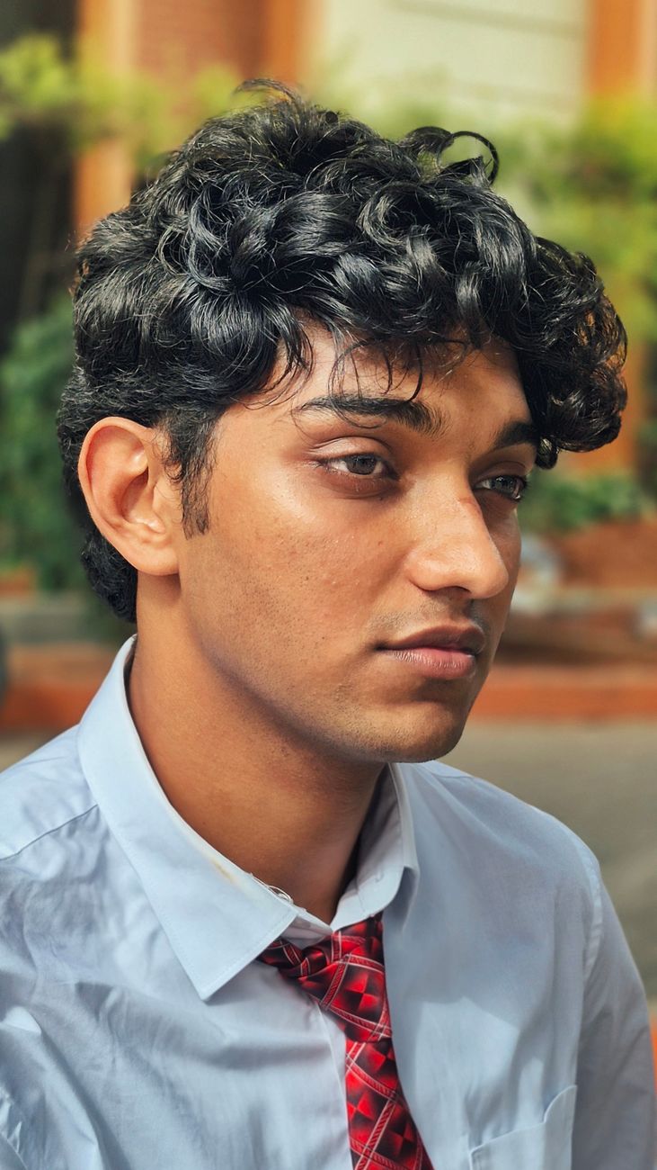 Portrait of a young man with curly hair wearing a tie, photographed outdoors on a sunny day.