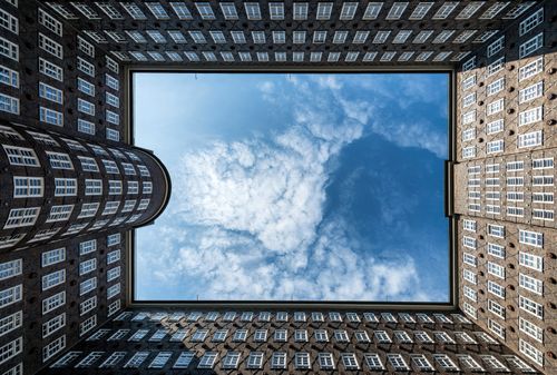 Free Looking up at the famous Sprinkenhof's geometric facade in Hamburg, Germany. Stock Photo