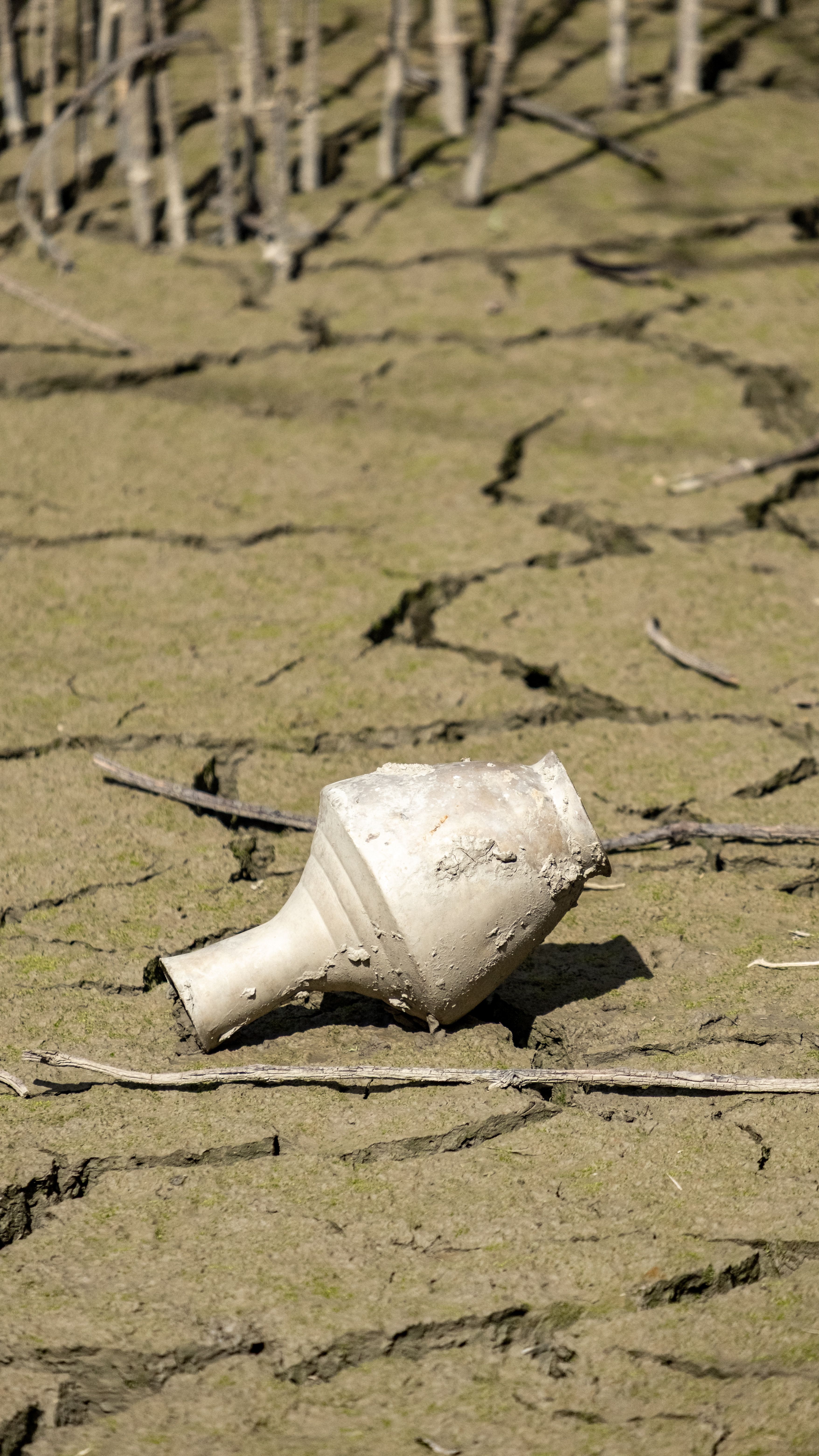 Fotomural Un solitario jarrón de cerámica descansa sobre tierra seca y agrietada, evidenciando las condiciones de sequía.