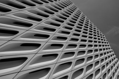 Free A striking black and white image of The Broad's unique architectural facade in Los Angeles. Stock Photo