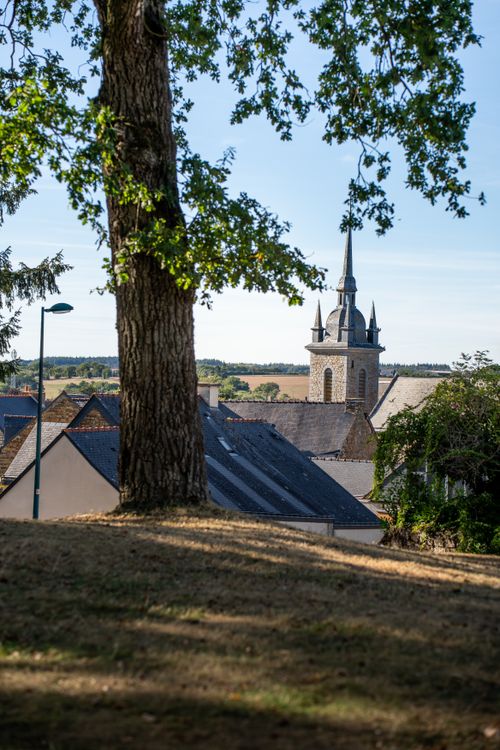 Free Scenic view of a church tower behind trees and rooftops in Néant-sur-Yvel, Bretagne, France. Stock Photo