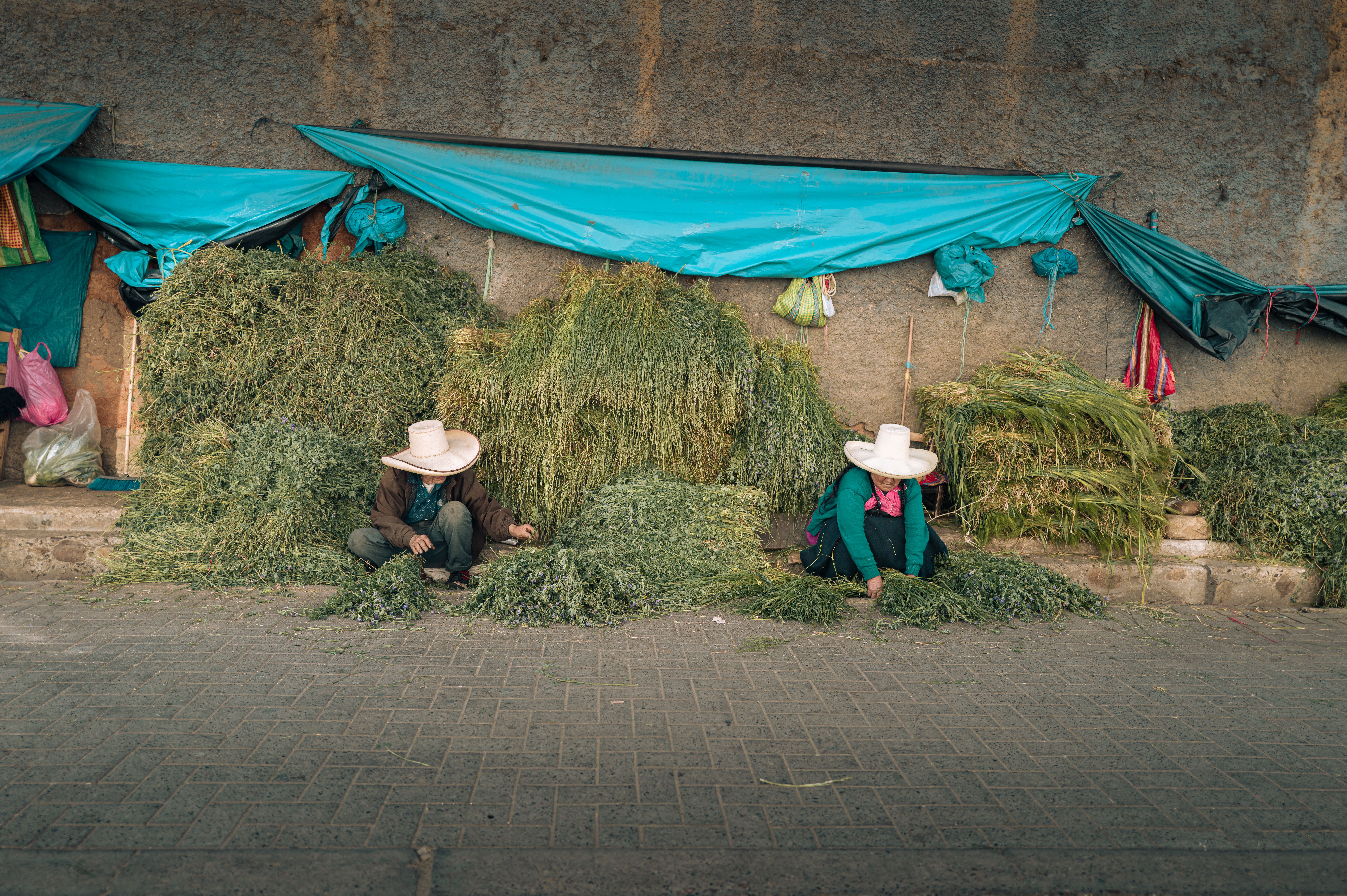 Two vendors in traditional hats arranging fresh herbs on a street in Chiclayo, Peru.