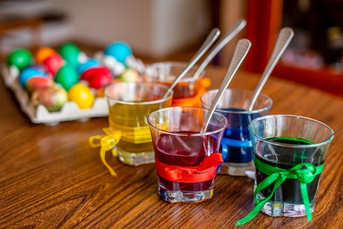 Glass Cups Filled Colored Liquids