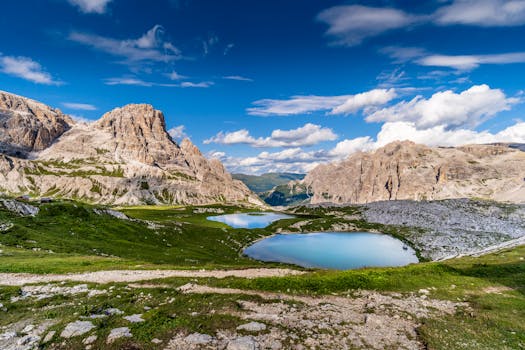 Scenic landscape of Tre Cime di Lavaredo with lakes, perfect for nature lovers.