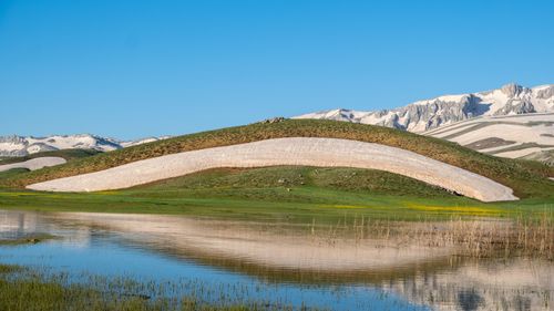 Free Stunning snow-covered mountains and lake reflection under clear blue sky. Stock Photo