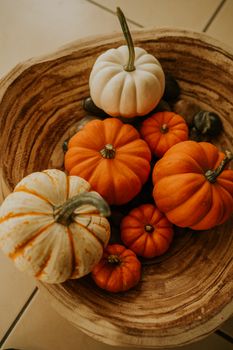 A festive bowl of orange and white pumpkins symbolizes autumn and Halloween decor.