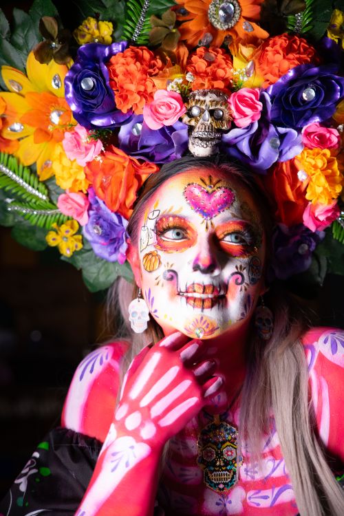 Free Vibrant Catrina costume portrait from Día de los Muertos in Mexico City. Stock Photo