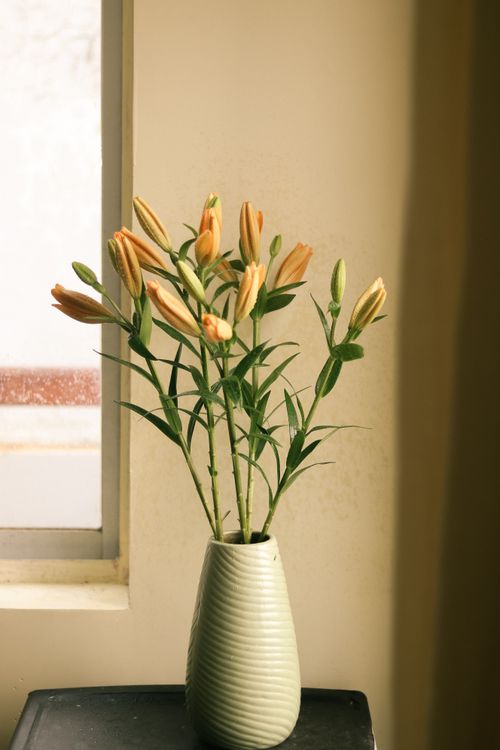 Free A vase of Tiger Lily flowers on a table by a window, radiating serenity and elegance. Stock Photo