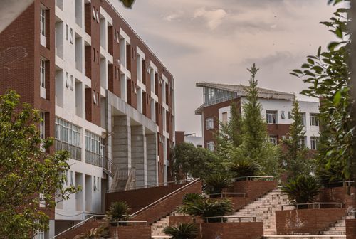 Free Exterior view of a modern educational building with lush foliage and stairways. Stock Photo