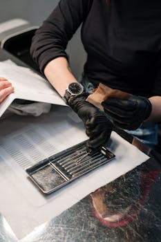 Manicurist in black gloves preparing tools for client in a salon setting.