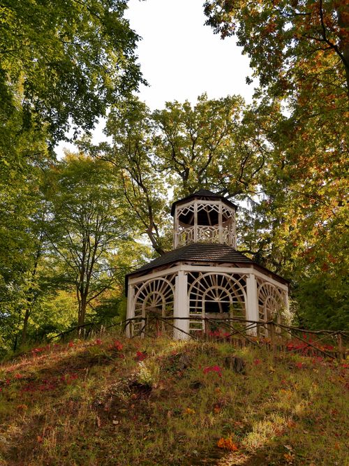 Free Picturesque gazebo surrounded by vibrant autumn foliage in Zielona Góra, Poland. Stock Photo