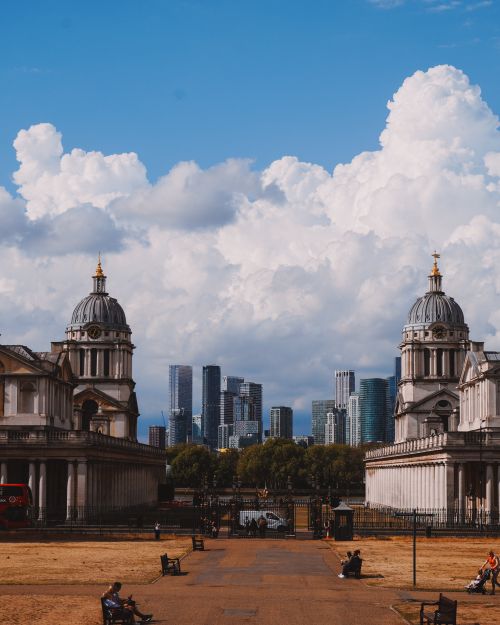 Free Stunning view of the Old Royal Naval College in Greenwich with London skyline. Stock Photo