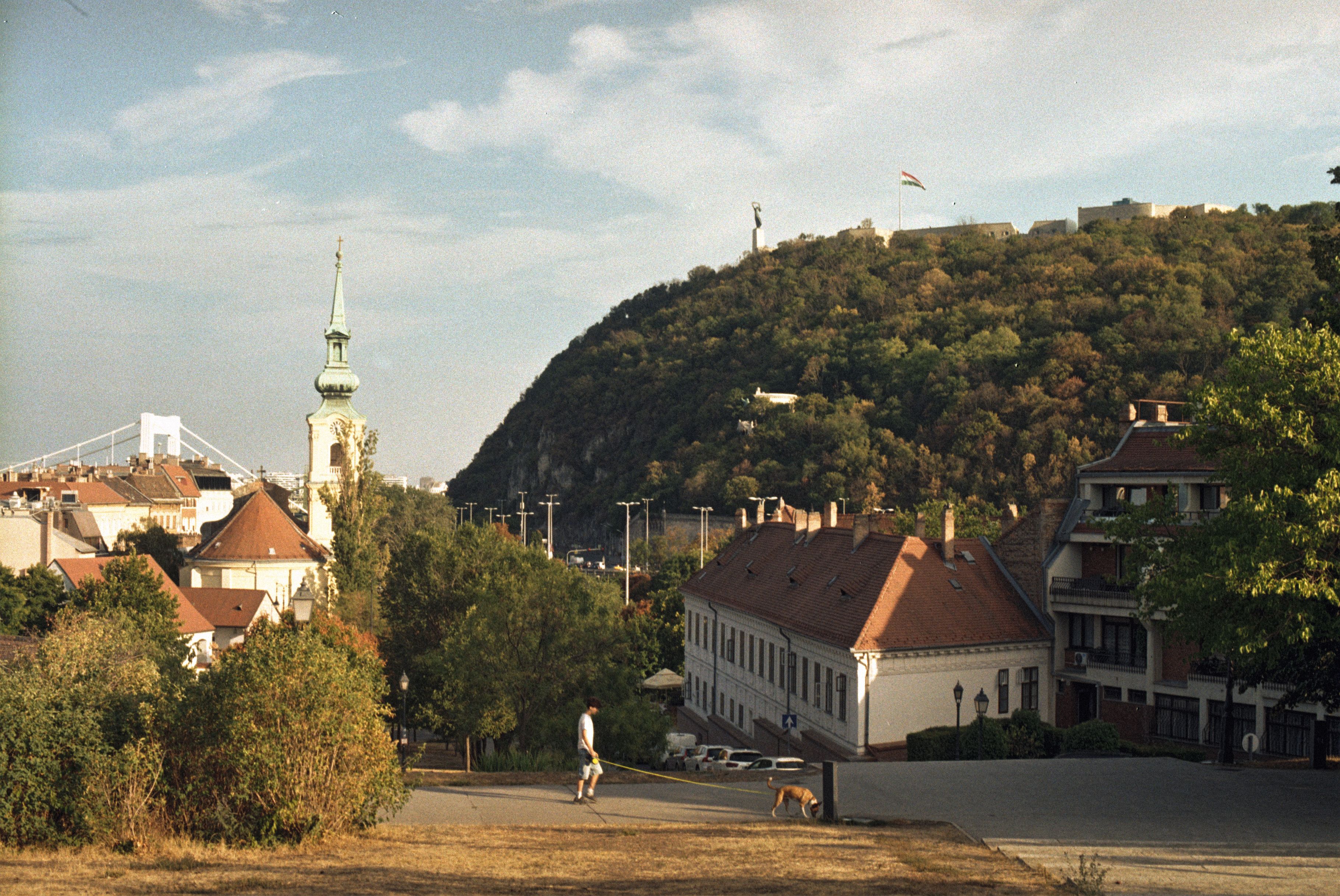 A scenic view of Gellért Hill with Liberty Statue and surrounding buildings in Budapest.