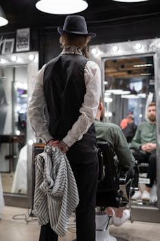 Barber in casual attire with hat and towel preparing for haircut in a trendy barbershop.