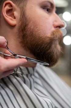 理发店里，一位专业理发师正用剪刀为一位留胡子的男士修剪胡须