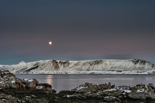 Free Serene winter night by a fjord with moonlit sky highlighting snow-covered landscape and rocky shores. Stock Photo