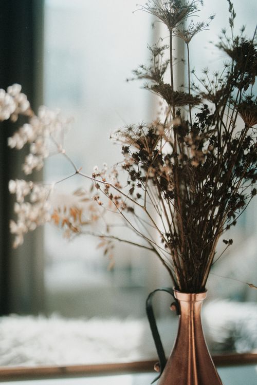 Free Aesthetic dried flowers in a bronze vase with soft, natural light indoors. Stock Photo