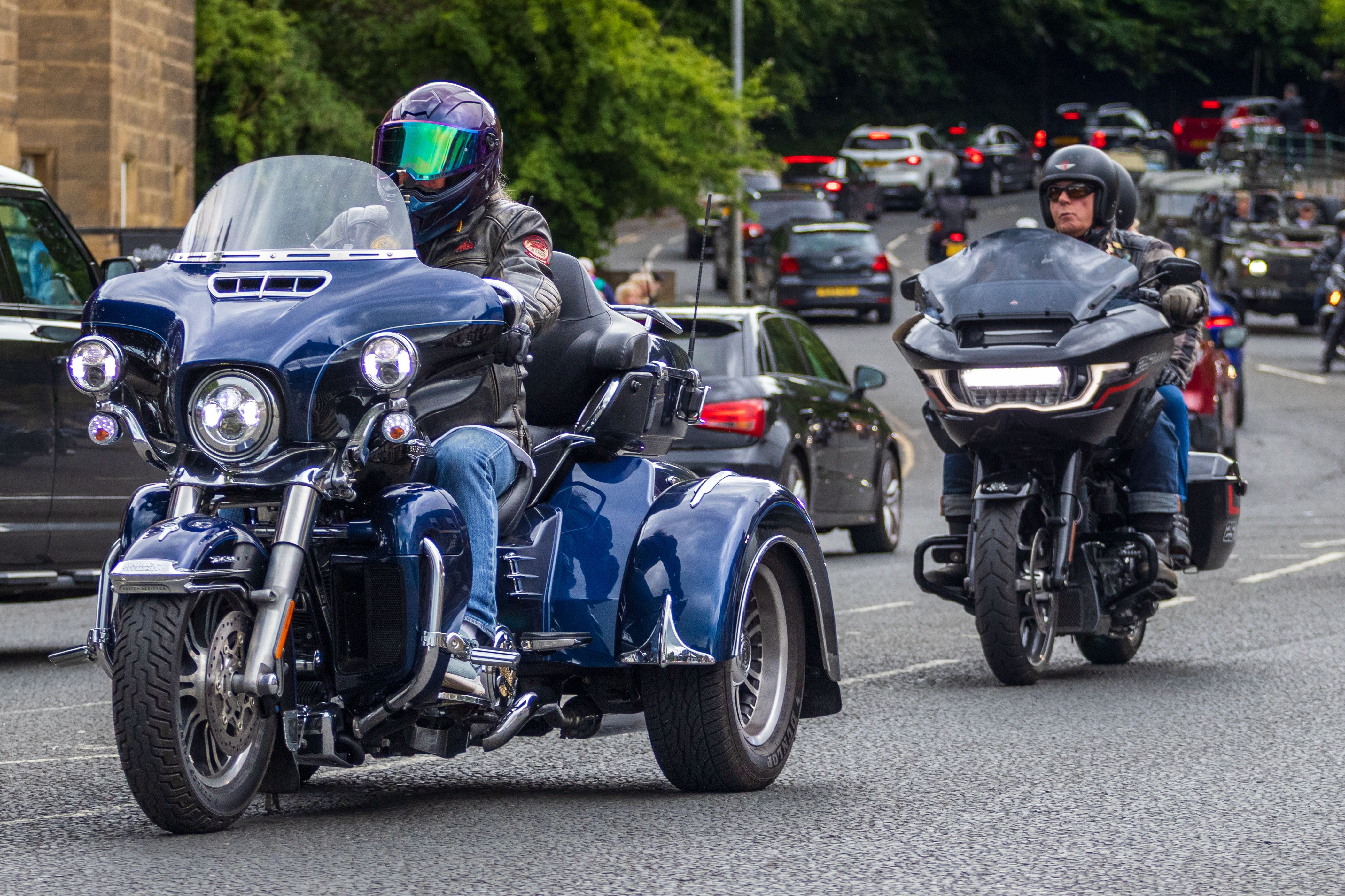 Street scene with bikers and both modern and classic motorcycles in Morpeth.