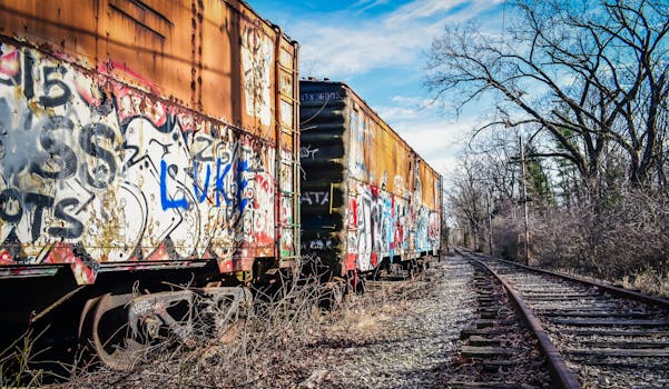 Colorful graffiti covers rusted train cars on an abandoned railway track outdoors.