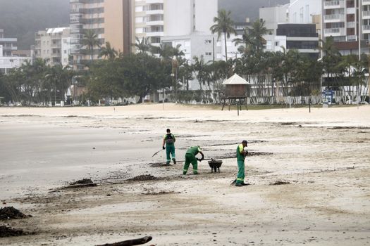 Workers cleaning the beach in Paraná, Brazil. Urban backdrop and palm trees in view.