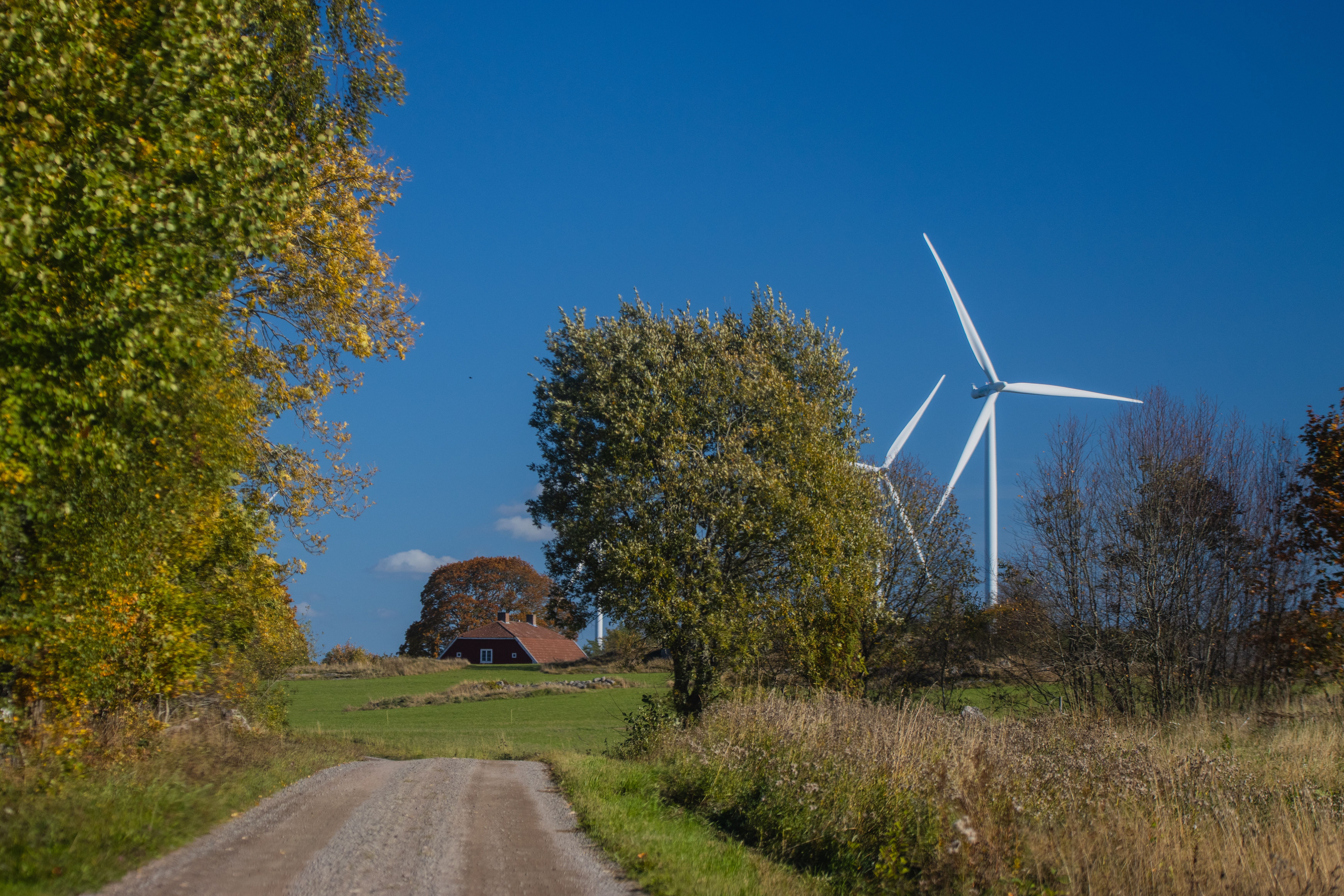 Beautiful autumn landscape in Jönköping, Sweden, featuring a rural road and wind turbines.
