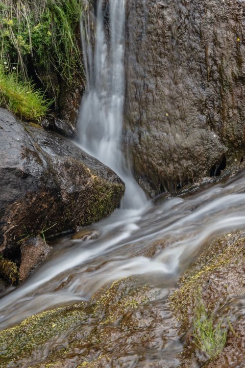 Free A tranquil small waterfall cascading over mossy rocks in a natural setting. Stock Photo