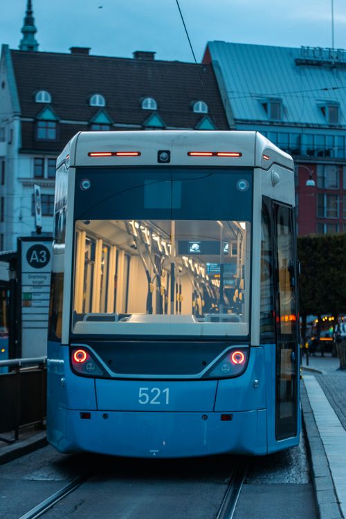 Free A modern tram in Gothenburg, Sweden, captured during the twilight. Urban transportation in Scandinavia. Stock Photo