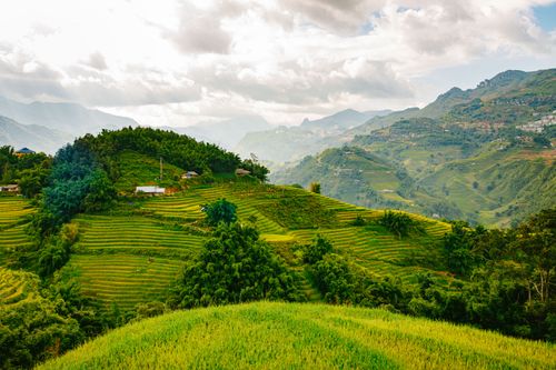 Free Stunning view of terraced rice fields in a mountainous landscape, capturing nature's beauty. Stock Photo