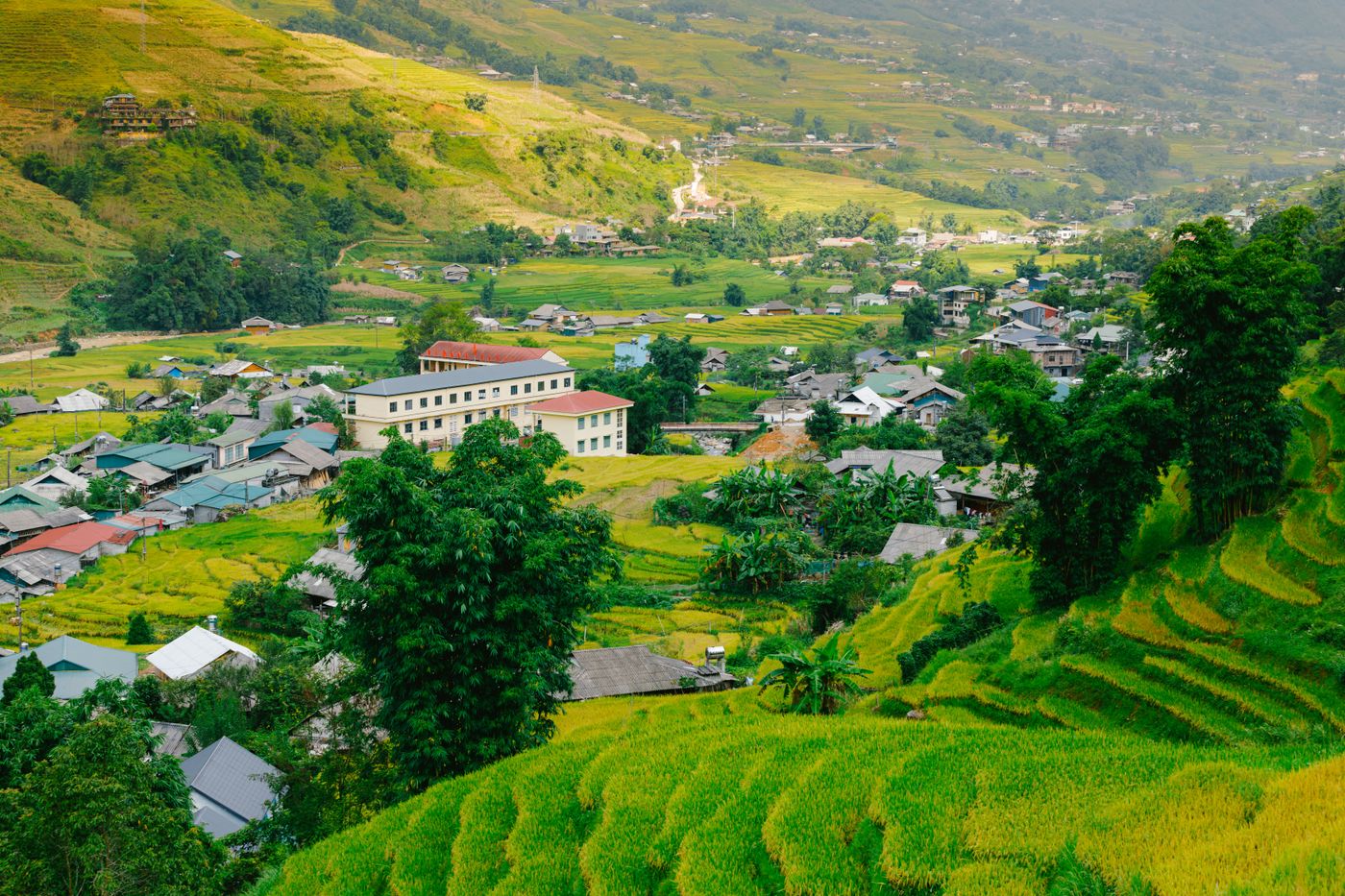 A village nestled among lush rice terraces