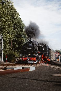 Black steam locomotive with smoke against lush foliage in Großschönau, Saxony.