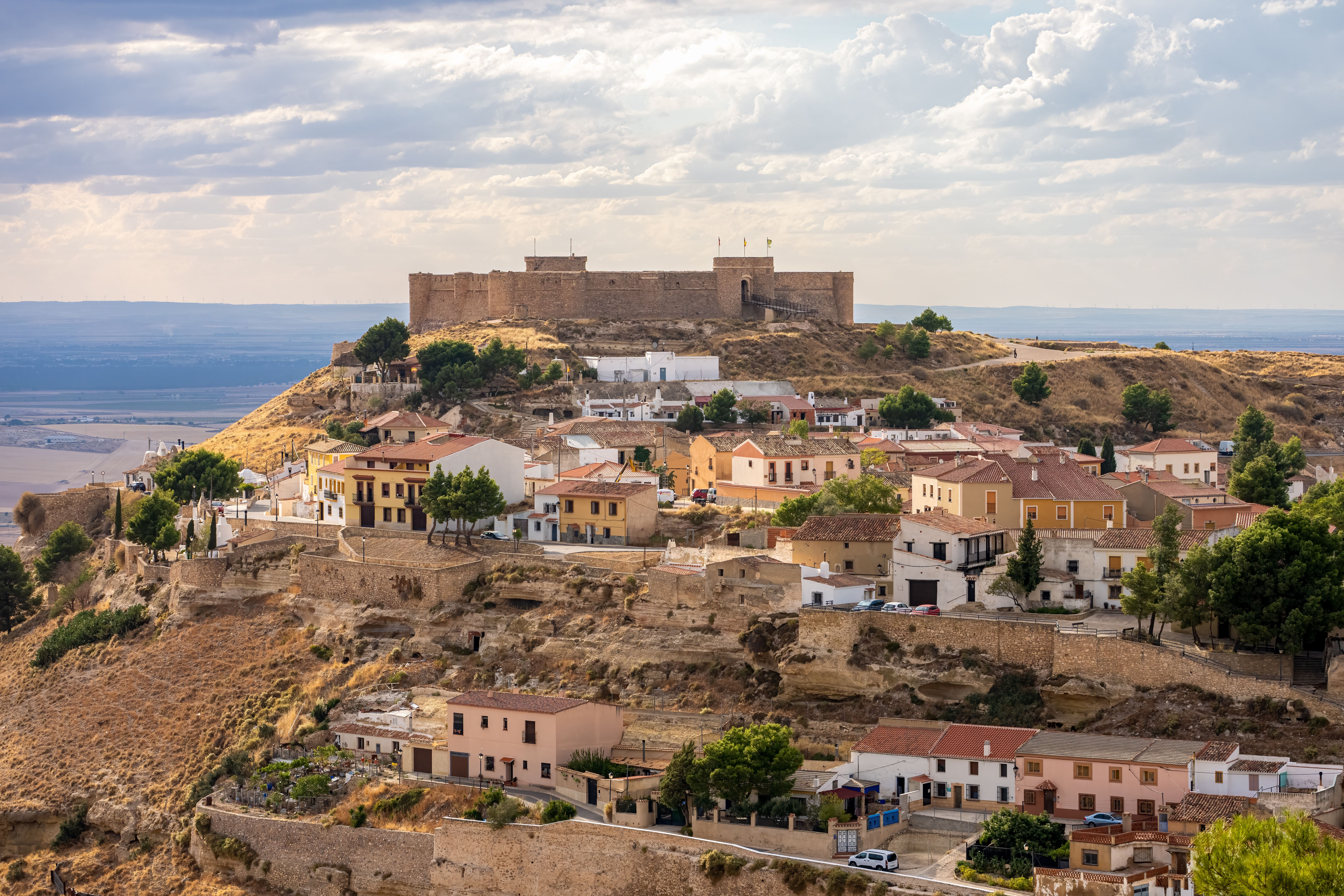 Scenic view of Chinchilla de Montearagón's medieval castle and village in Castilla-La Mancha, Spain.