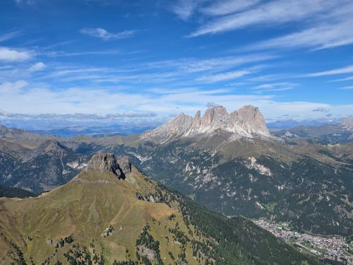 Free Stunning aerial view of the Dolomites mountains in Italy under a clear blue sky. Stock Photo