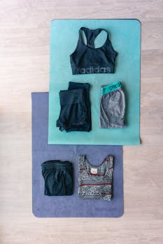 Flat lay of workout clothes and yoga mats, perfect for fitness inspiration.