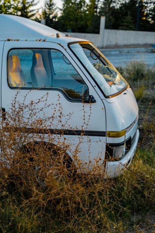 Free A deserted white van overgrown with plants, parked in Gölbaşı, Ankara, Türkiye. Stock Photo