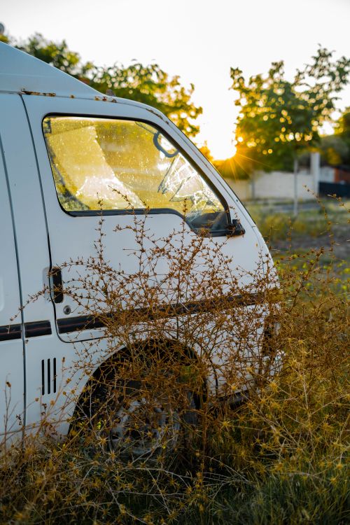 Free A white van surrounded by dry grass at sunset in Gölbaşı, Ankara, Türkiye. Stock Photo