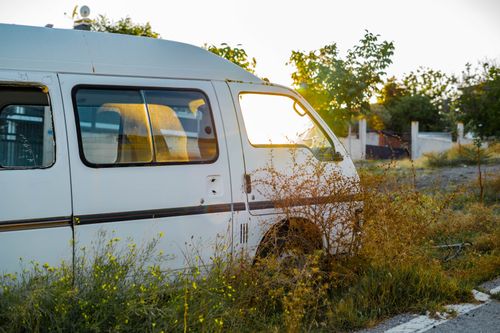 Free A white van left abandoned amidst tall grass and weeds at sunset in Gölbaşı, Ankara. Stock Photo