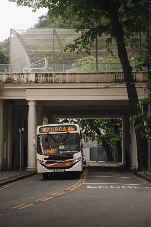 Free A city bus navigating a tree-lined street in Urca, Rio de Janeiro, showcasing urban life. Stock Photo