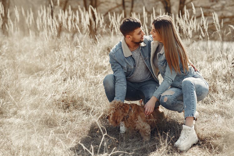 Smiling Couple Walking Dog In Field