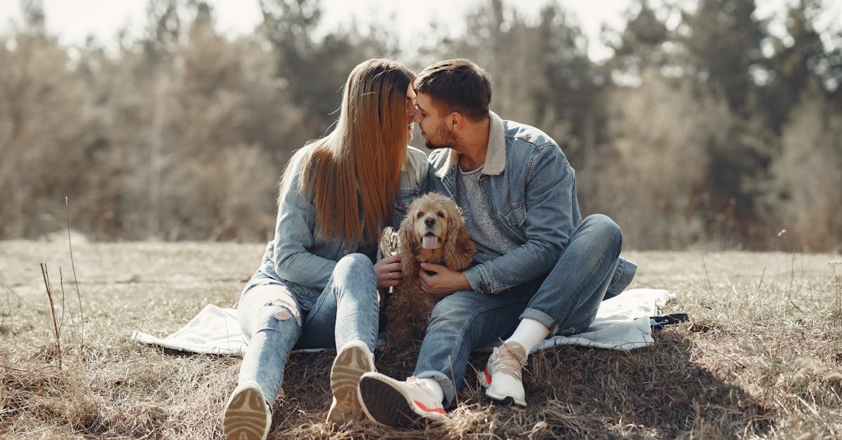 Full body happy couple in jeans clothes kissing while hugging cute American Cocker Spaniel together having rest on forest lawn in autumn