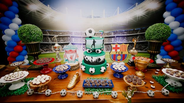 Vibrant football-themed dessert table with cake, sweets, and decorations for a birthday party.