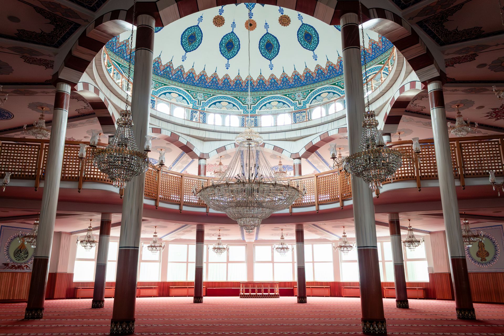 Elegant mosque interior with chandeliers