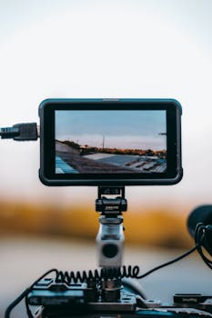 Contemporary rectangular shaped video camera monitor with charger and display showing pictures of roofs of houses in city under blue sky on tripod