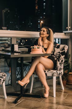A stylish woman in a cafe at night, celebrating her birthday with a cake.