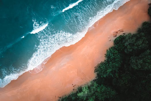 Breathtaking aerial view of waves crashing on a sandy beach, surrounded by lush greenery.